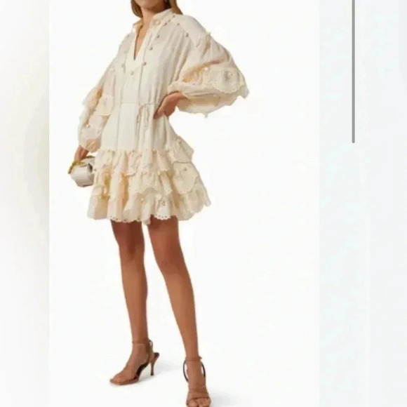 Zimmermann Lyre Lace Trim Embroidered Mini Dress Crochet Balloon Sleeve Cream 3 - Picture 2 of 13